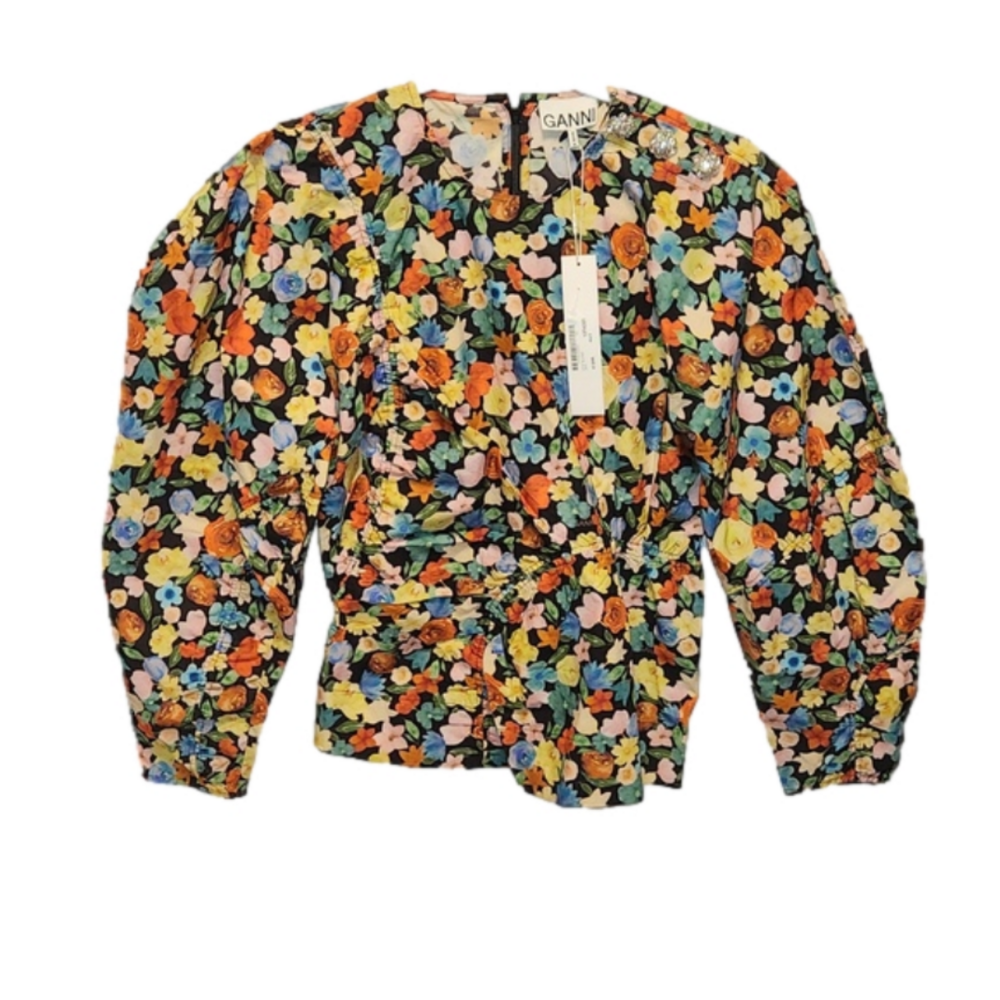 GANNI multicolor floral crew neck balloon sleeve top sz 40/8